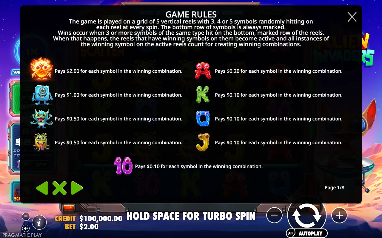 Game rules, page 1 — Alien Invaders