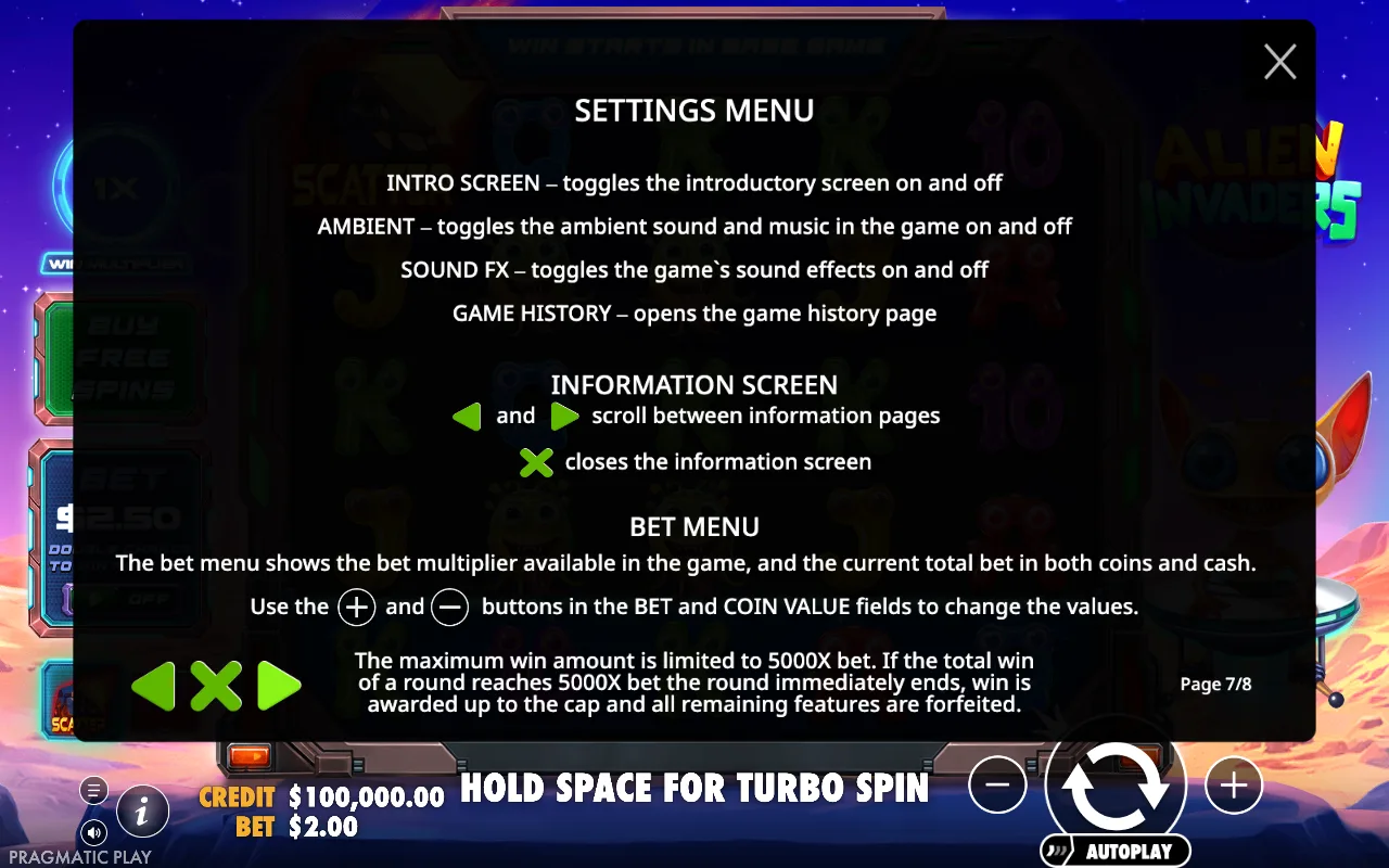 Settings menu — Alien Invaders