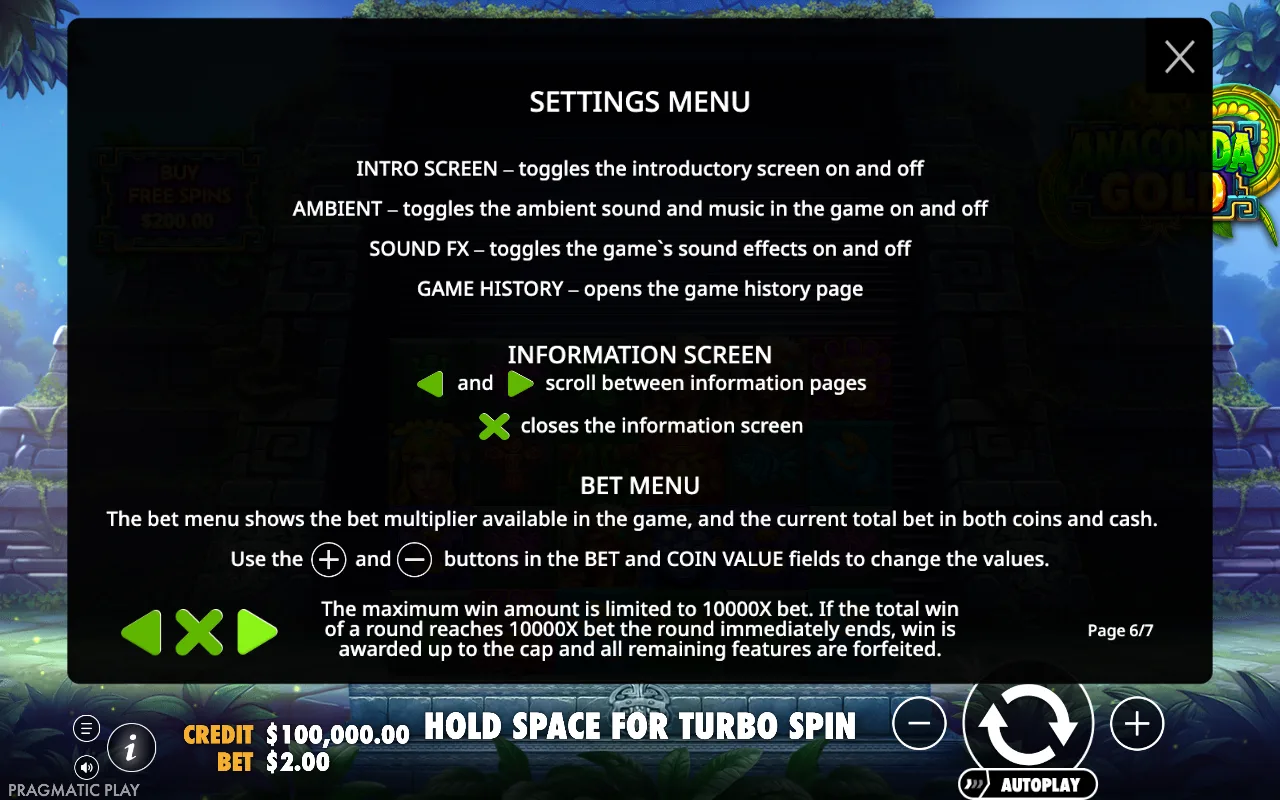 Settings menu — Anaconda Gold