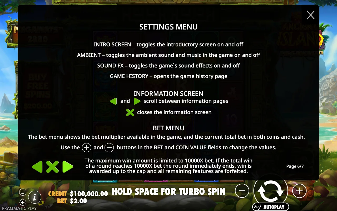 Settings menu — Ancient Island Megaways