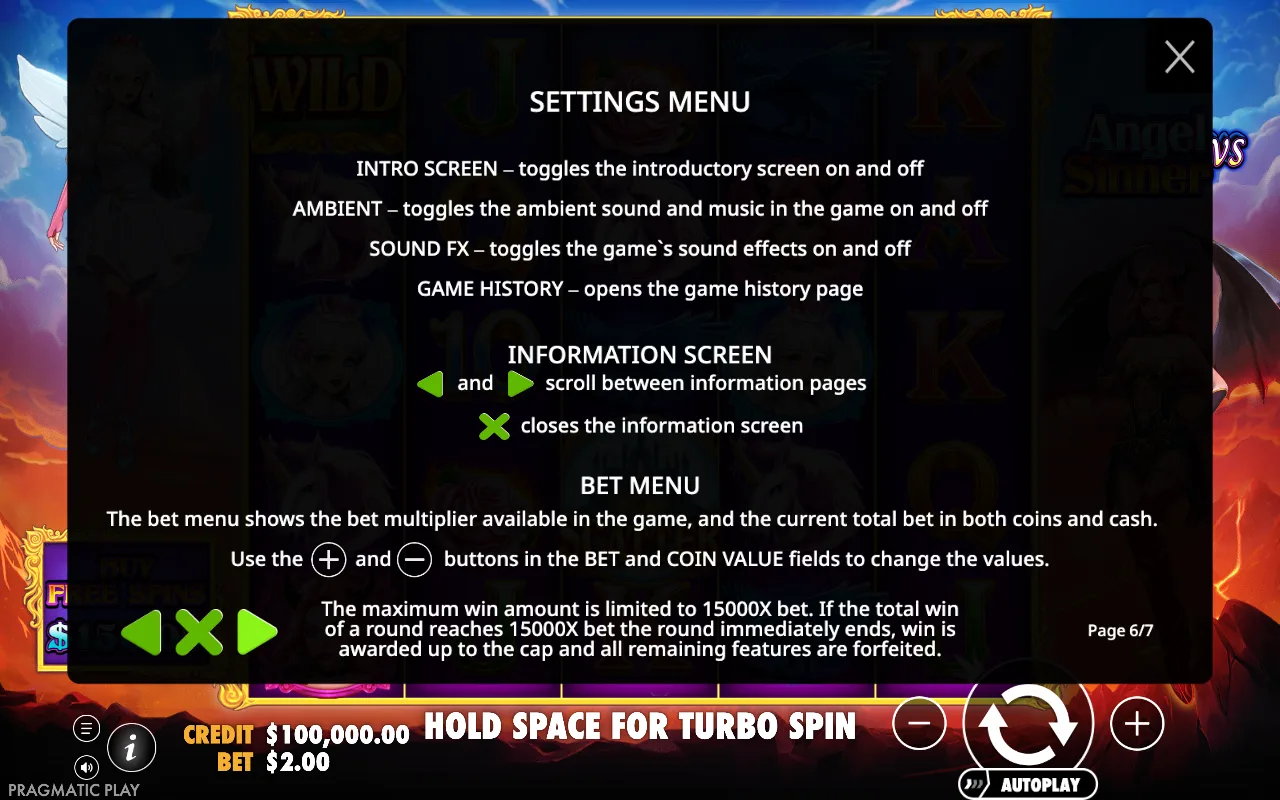 Settings menu — Angel vs Sinner