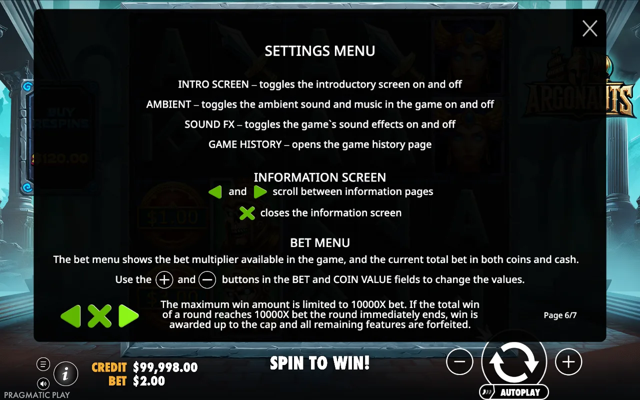 Settings menu — Argonauts