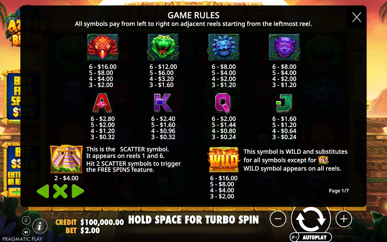 Game rules, page 1 — Aztec Blaze