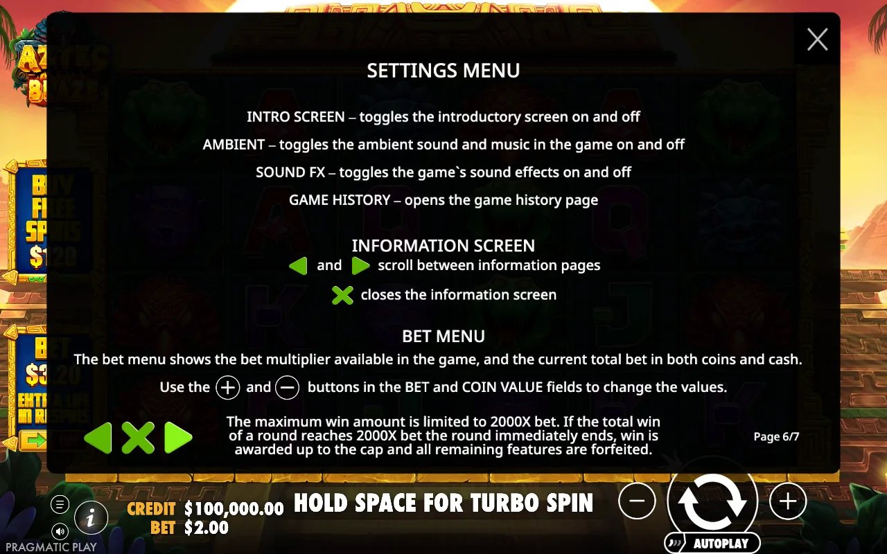 Settings menu — Aztec Blaze