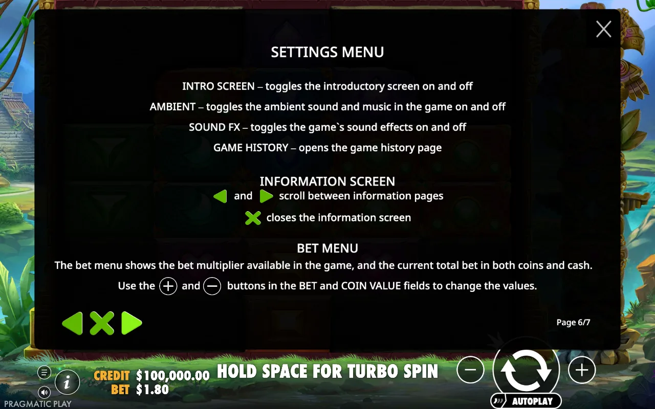 Settings menu — Aztec Bonanza