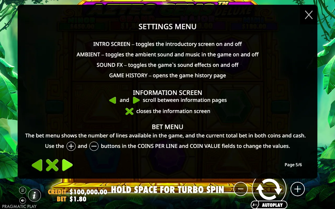 Settings menu — Aztec Gems Deluxe