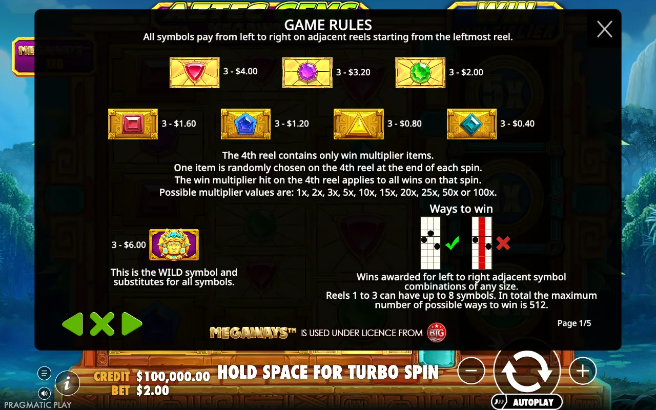 Game rules, page 1 — Aztec Gems Megaways