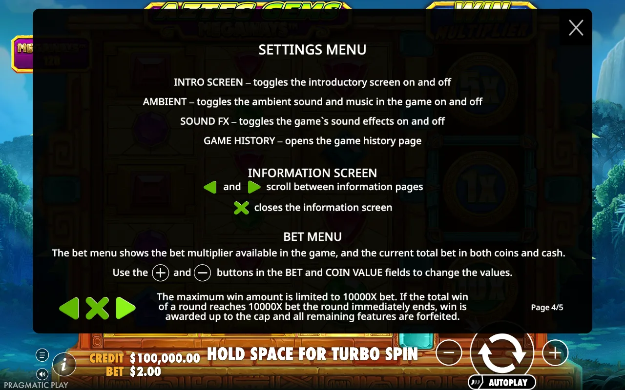 Settings menu — Aztec Gems Megaways