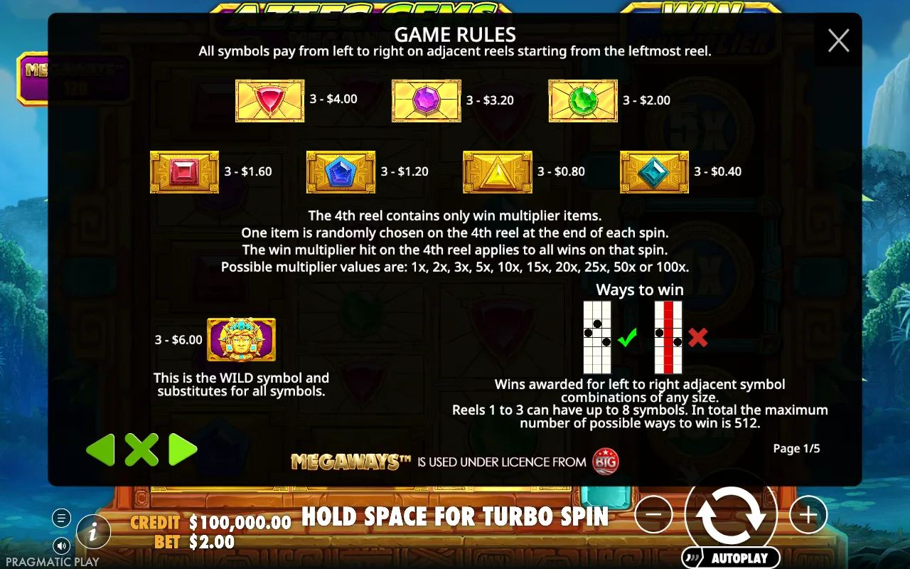Game rules, page 6 — Aztec Gems Megaways
