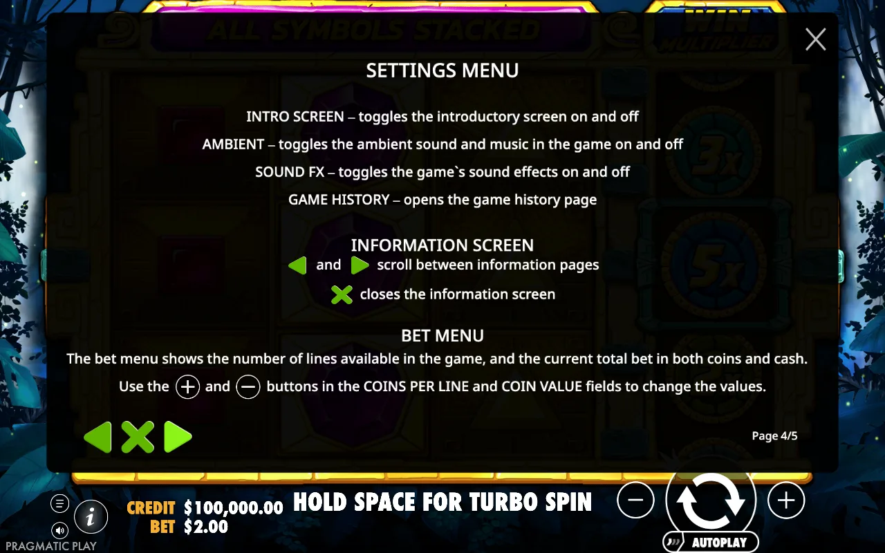 Settings menu — Aztec Gems