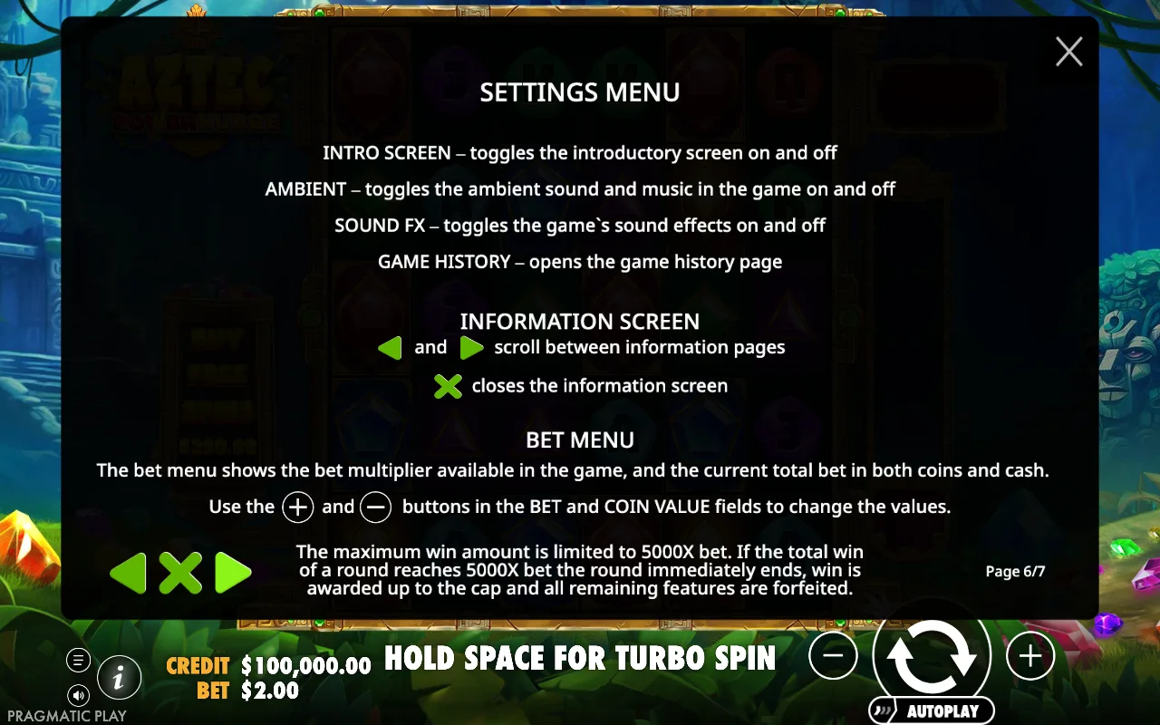 Settings menu — Aztec Powernudge