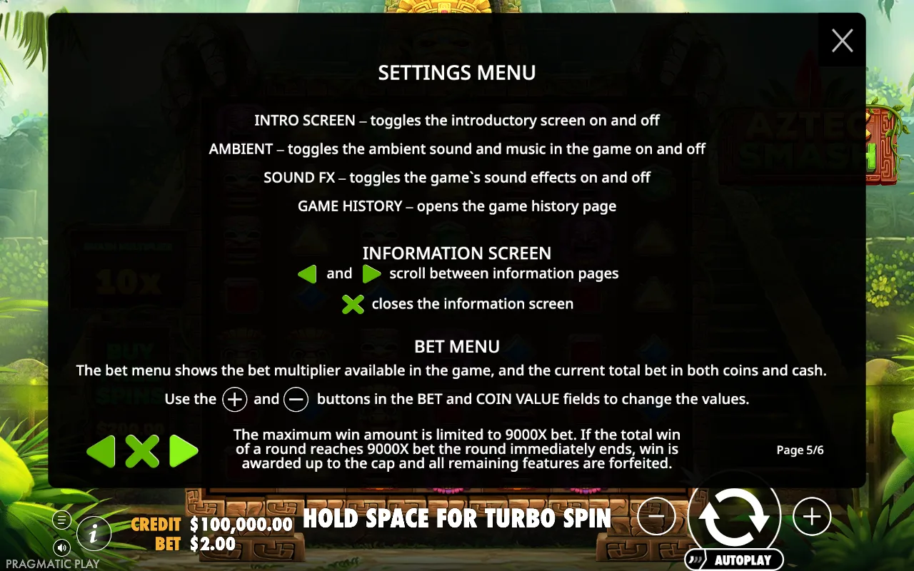 Settings menu — Aztec Smash