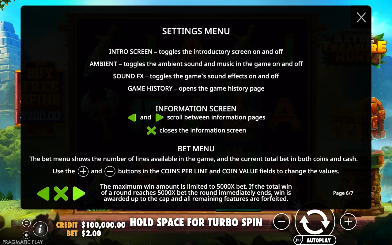 Settings menu — Aztec Treasure Hunt
