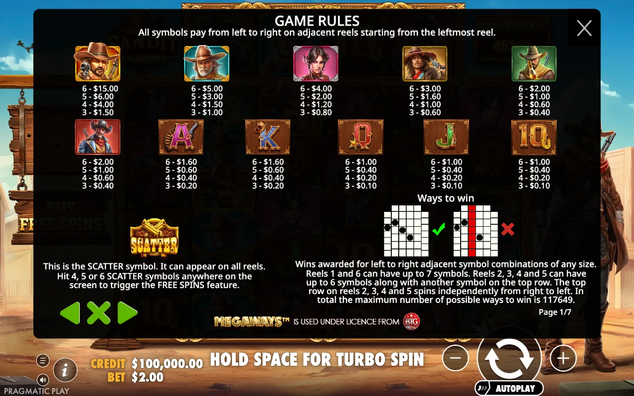 Game rules, page 1 — Bandit Megaways