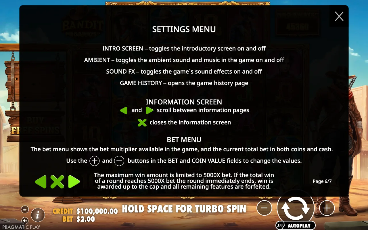 Settings menu — Bandit Megaways