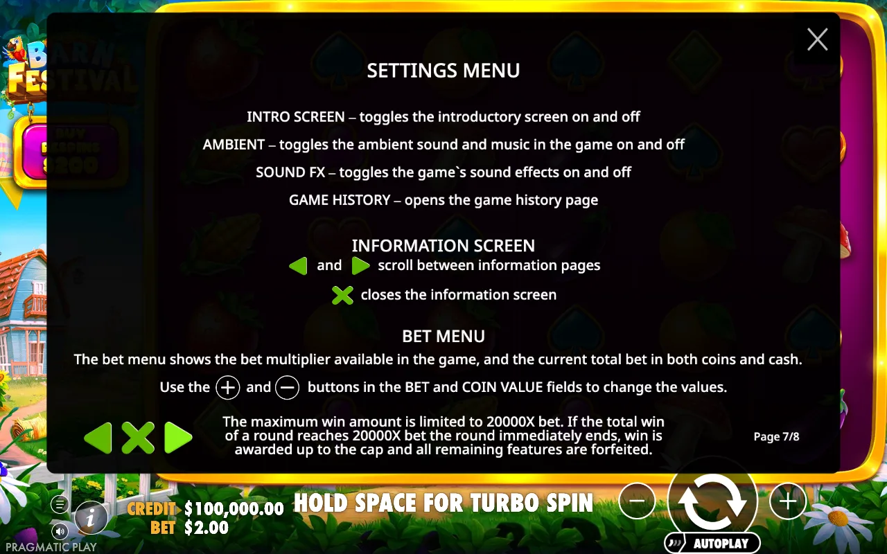 Settings menu — Barn Festival
