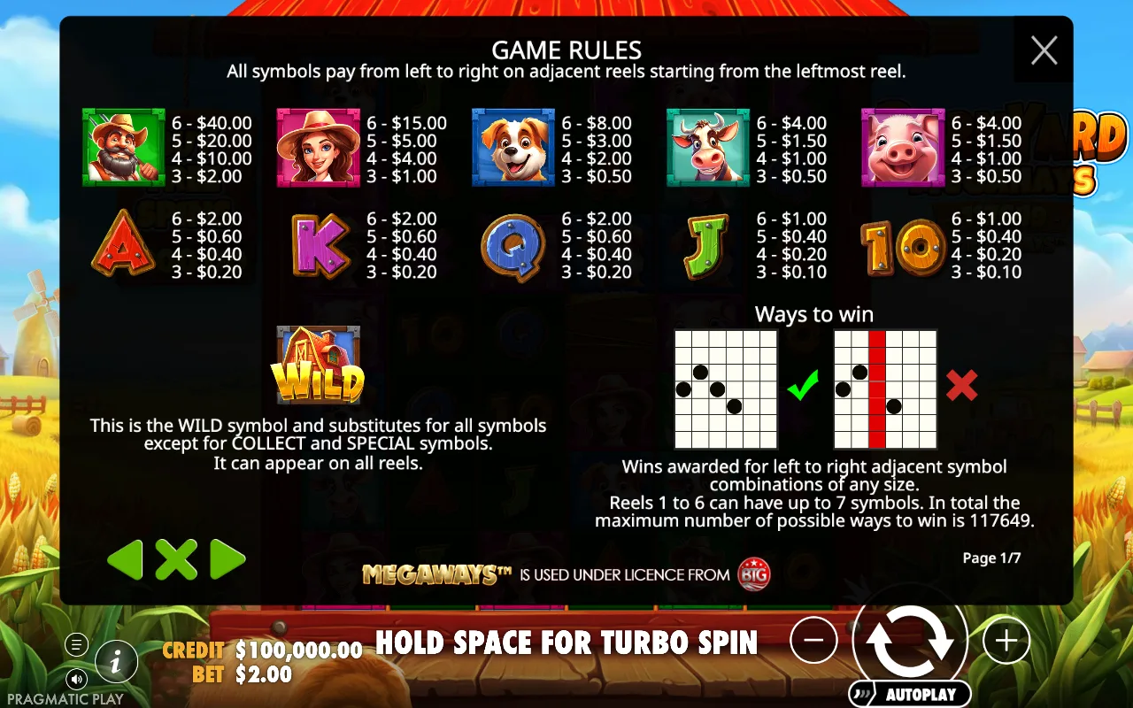 Game rules, page 1 — Barnyard Megahays Megaways