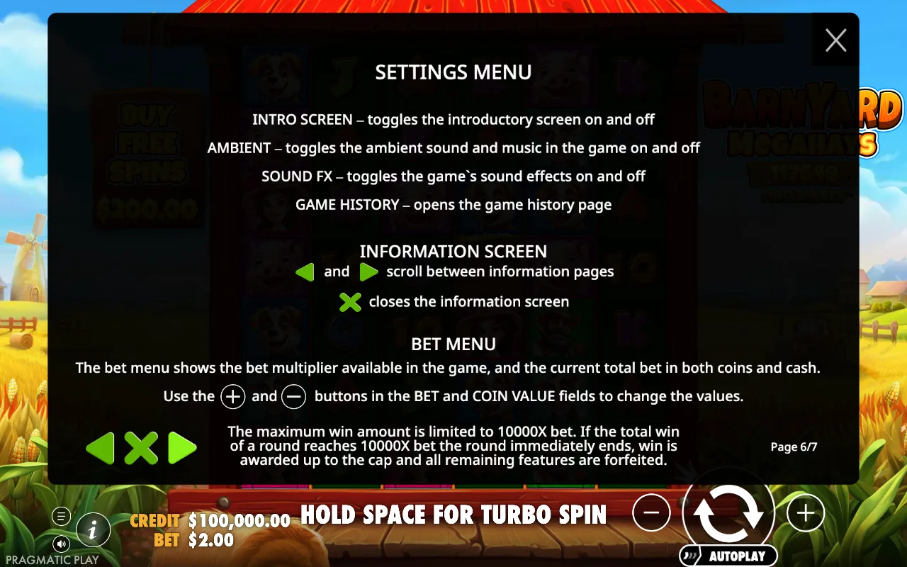 Settings menu — Barnyard Megahays Megaways