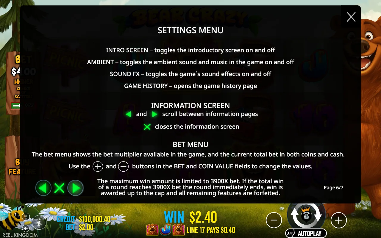 Settings menu — Bear Crazy
