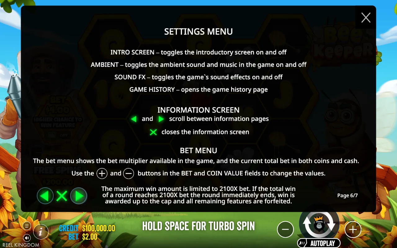 Settings menu — Bee Keeper