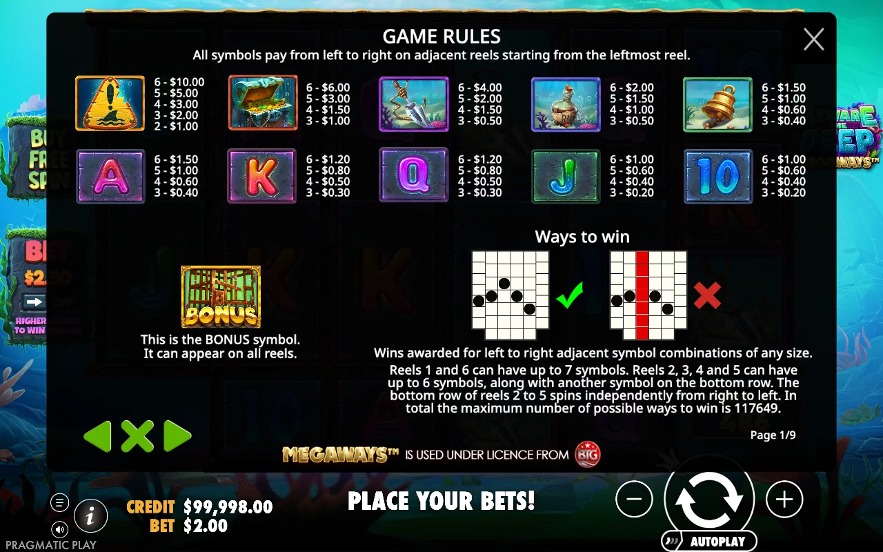 Game rules, page 1 — Beware the Deep Megaways