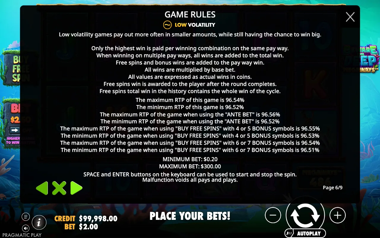 Game rules, page 6 — Beware the Deep Megaways