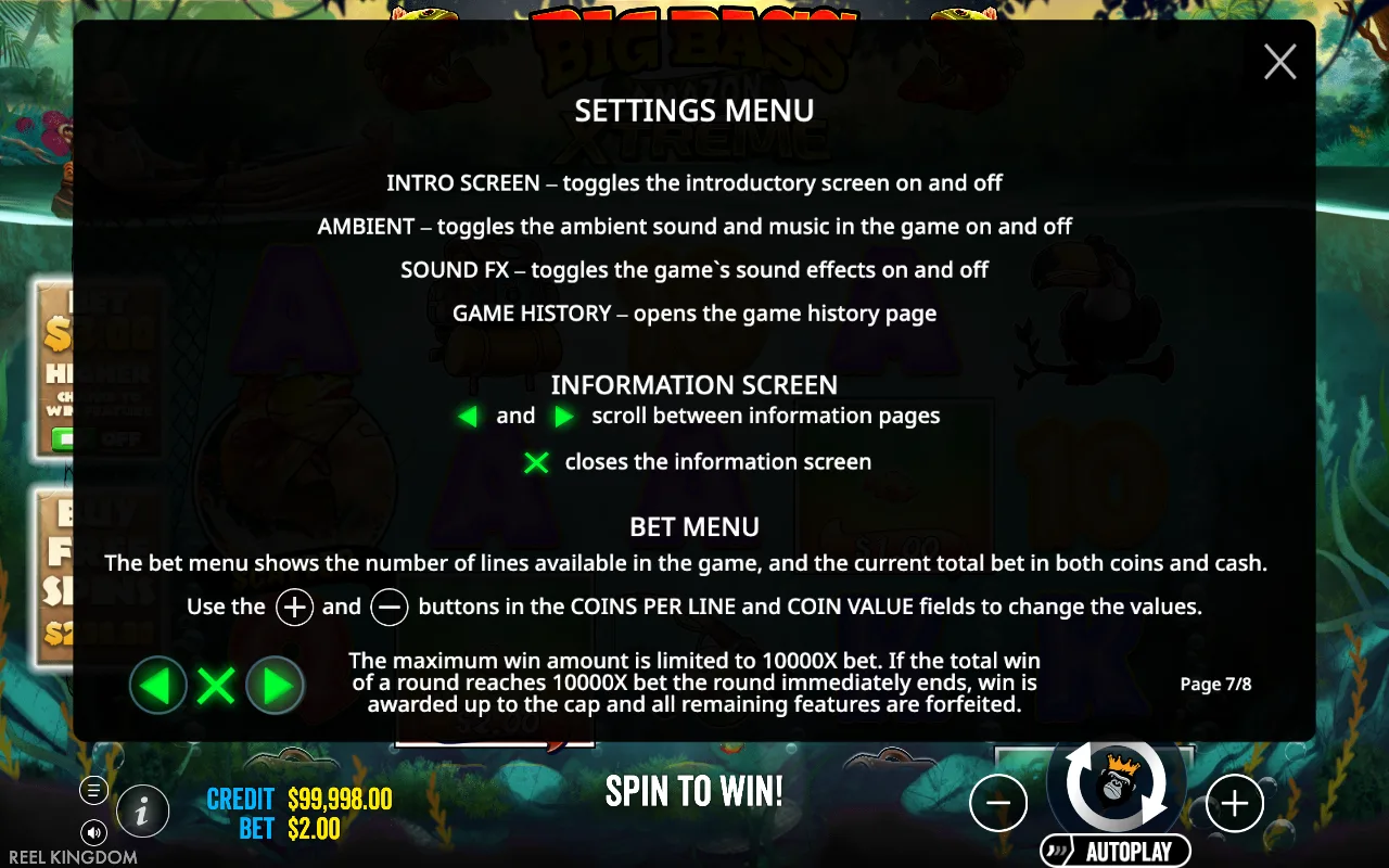 Settings menu — Big Bass Amazon Xtreme