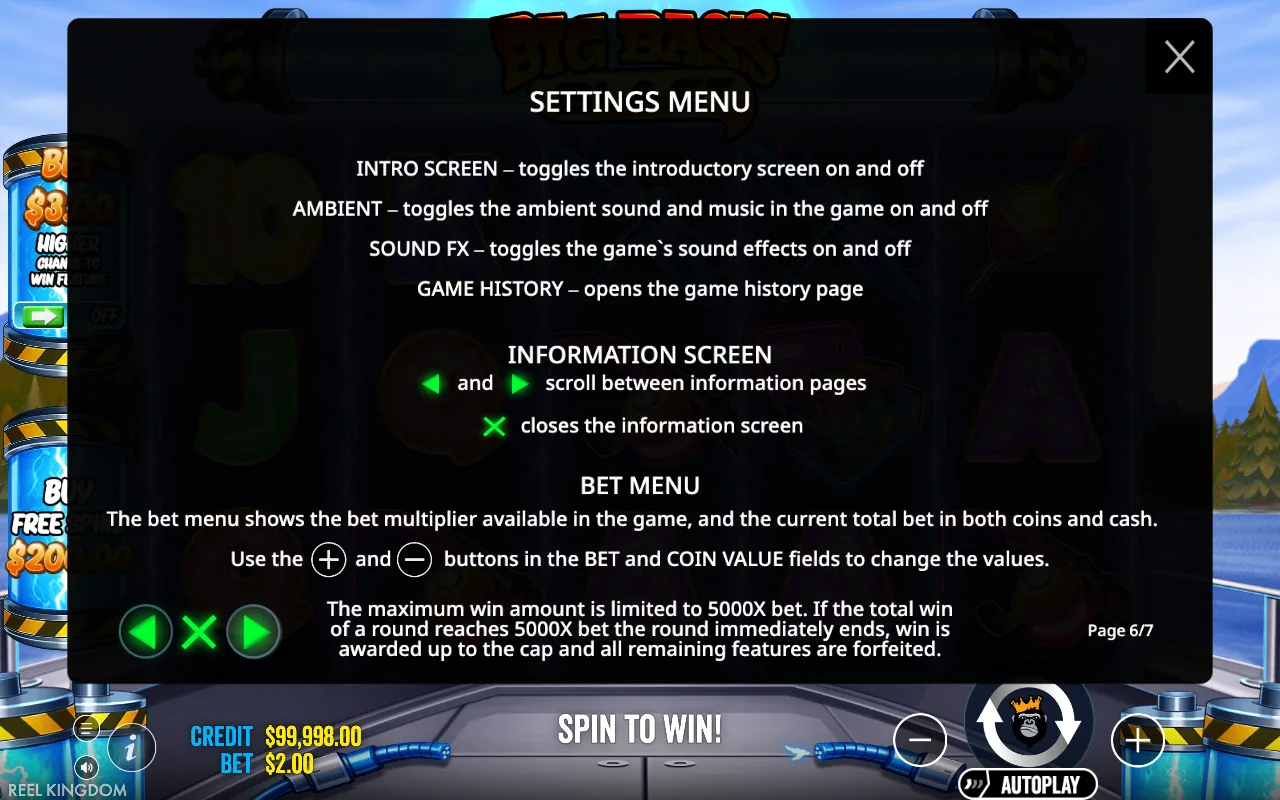 Settings menu — Big Bass Blast