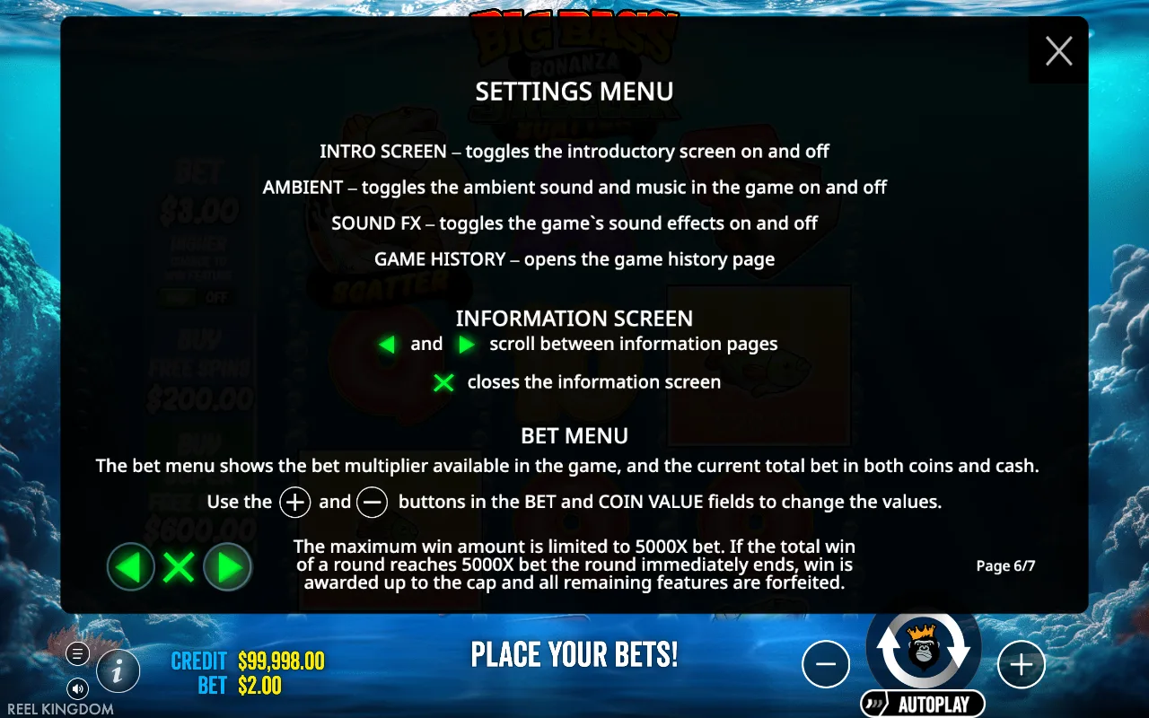 Settings menu — Big Bass Bonanza 3-Reeler