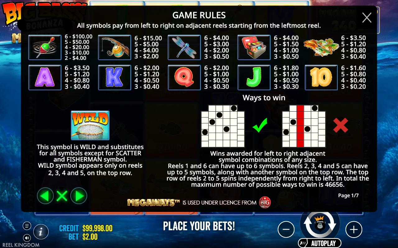 Game rules, page 1 — Big Bass Bonanza Megaways