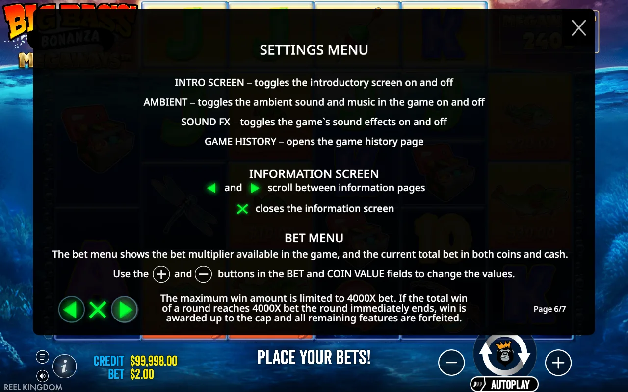 Settings menu — Big Bass Bonanza Megaways