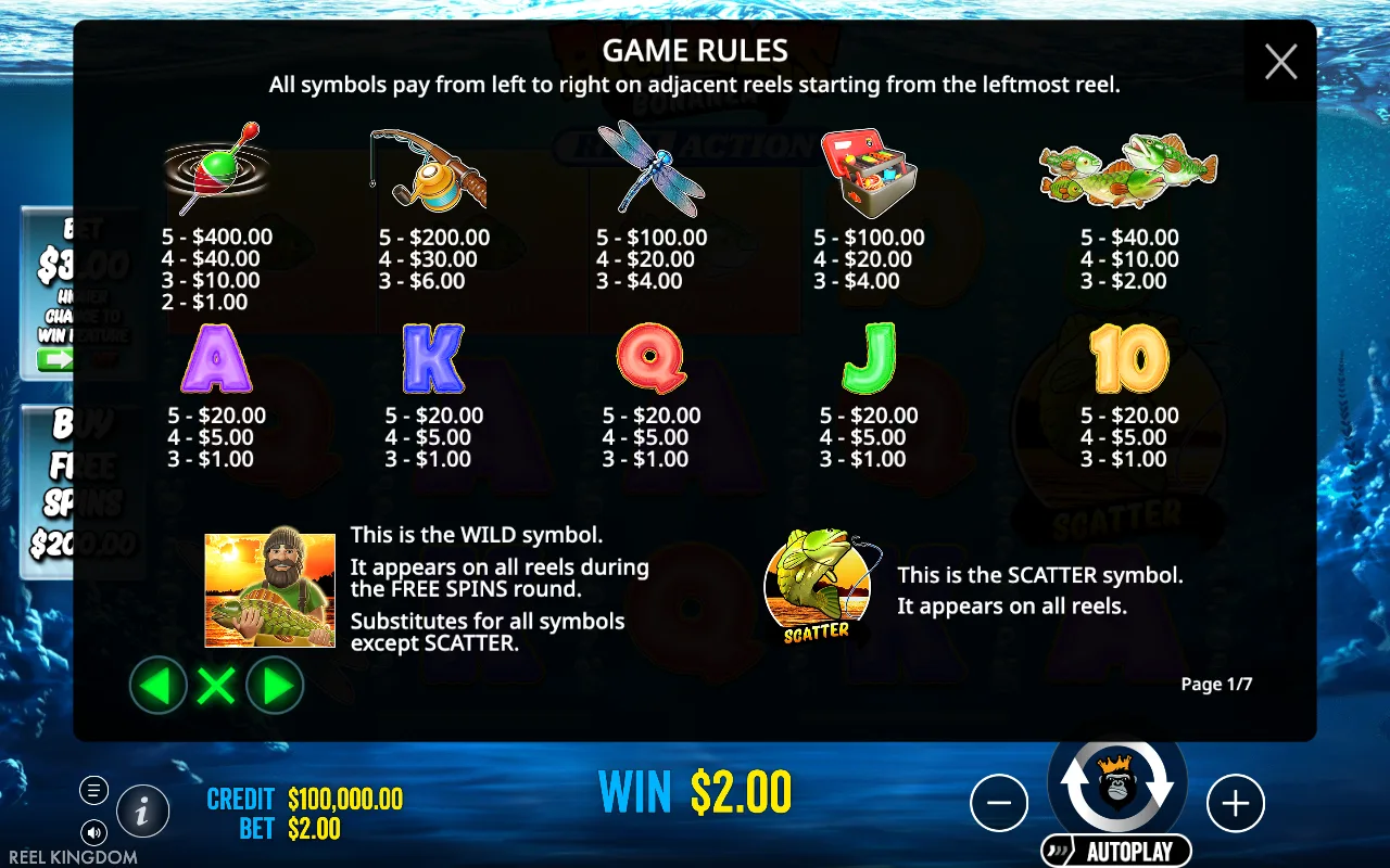 Game rules, page 1 — Big Bass Bonanza Reel Action
