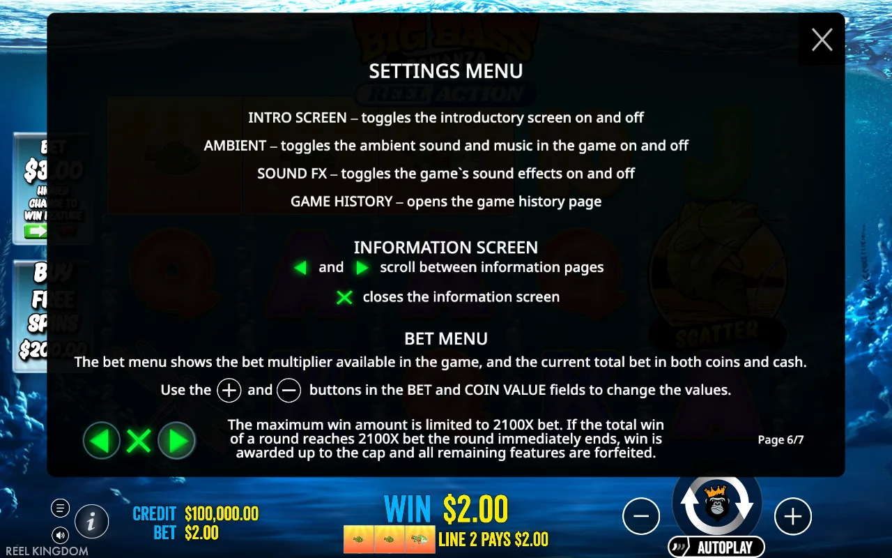 Settings menu — Big Bass Bonanza Reel Action