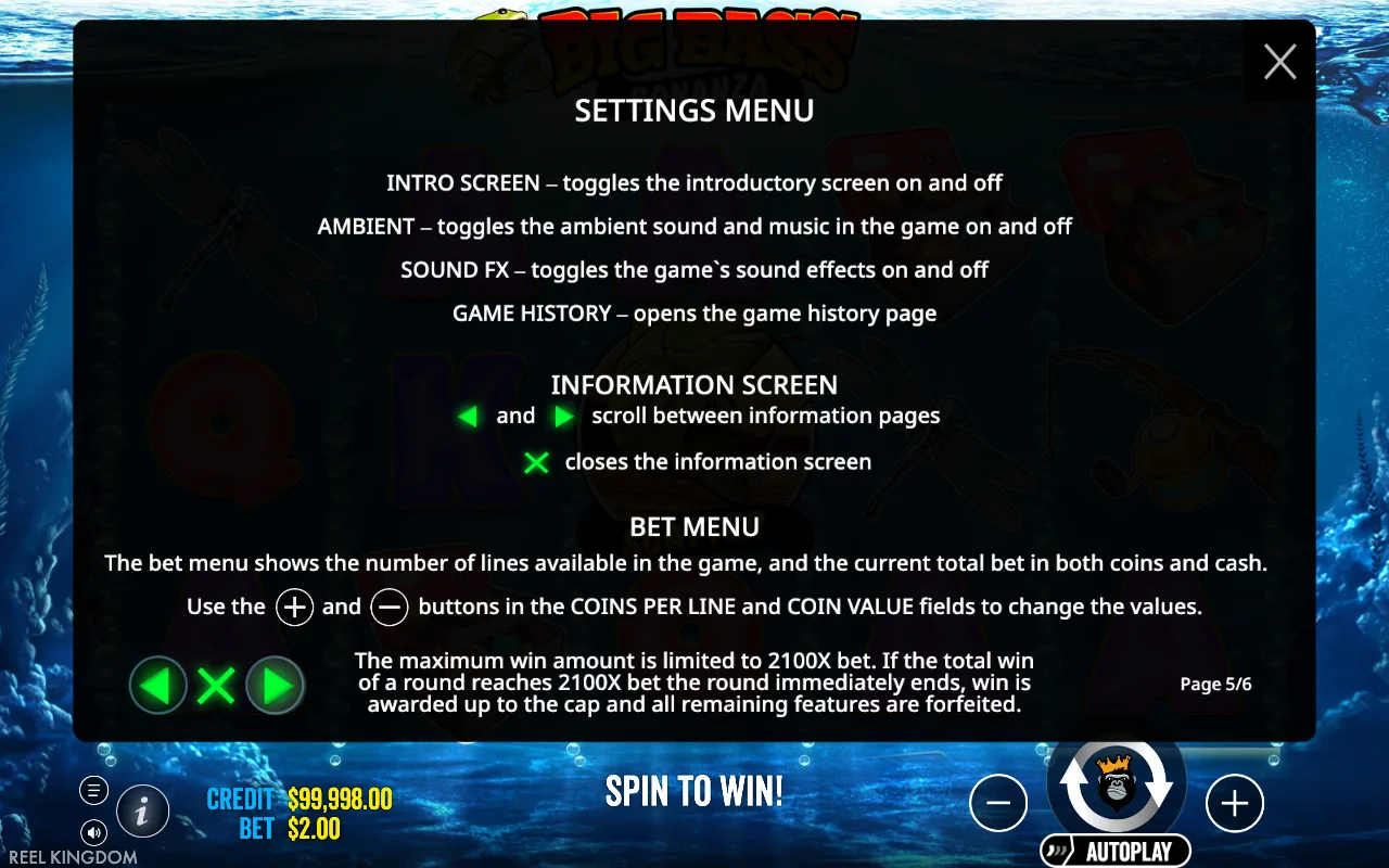 Settings menu — Big Bass Bonanza