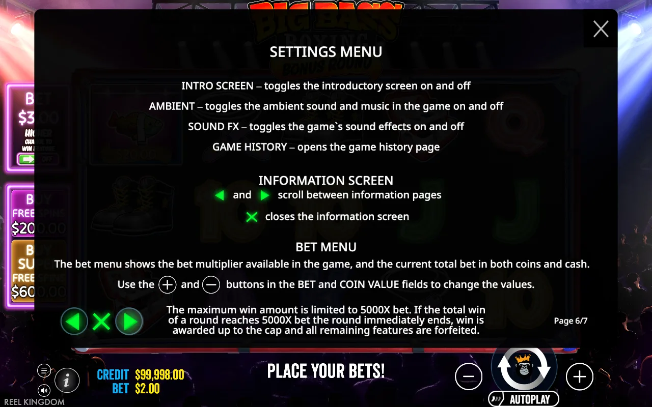 Settings menu — Big Bass — Boxing Bonus Round