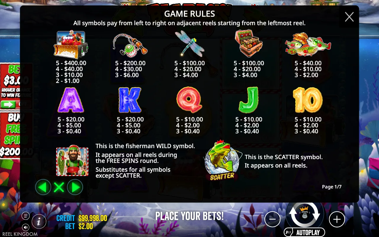 Game rules, page 1 — Big Bass Christmas Bash