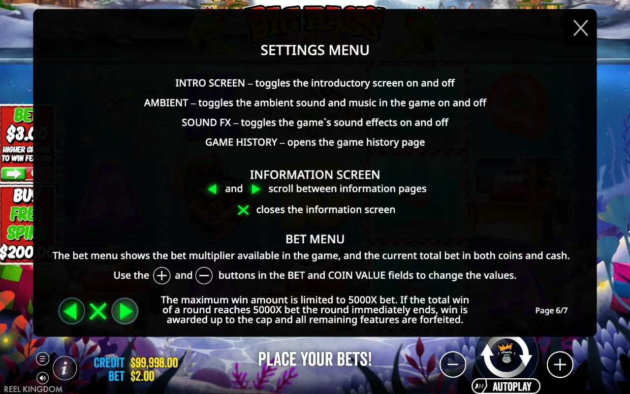 Settings menu — Big Bass Christmas Bash