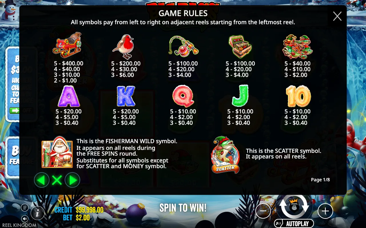 Game rules, page 1 — Big Bass Christmas Frozen Lake
