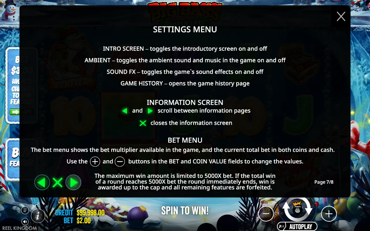 Settings menu — Big Bass Christmas Frozen Lake