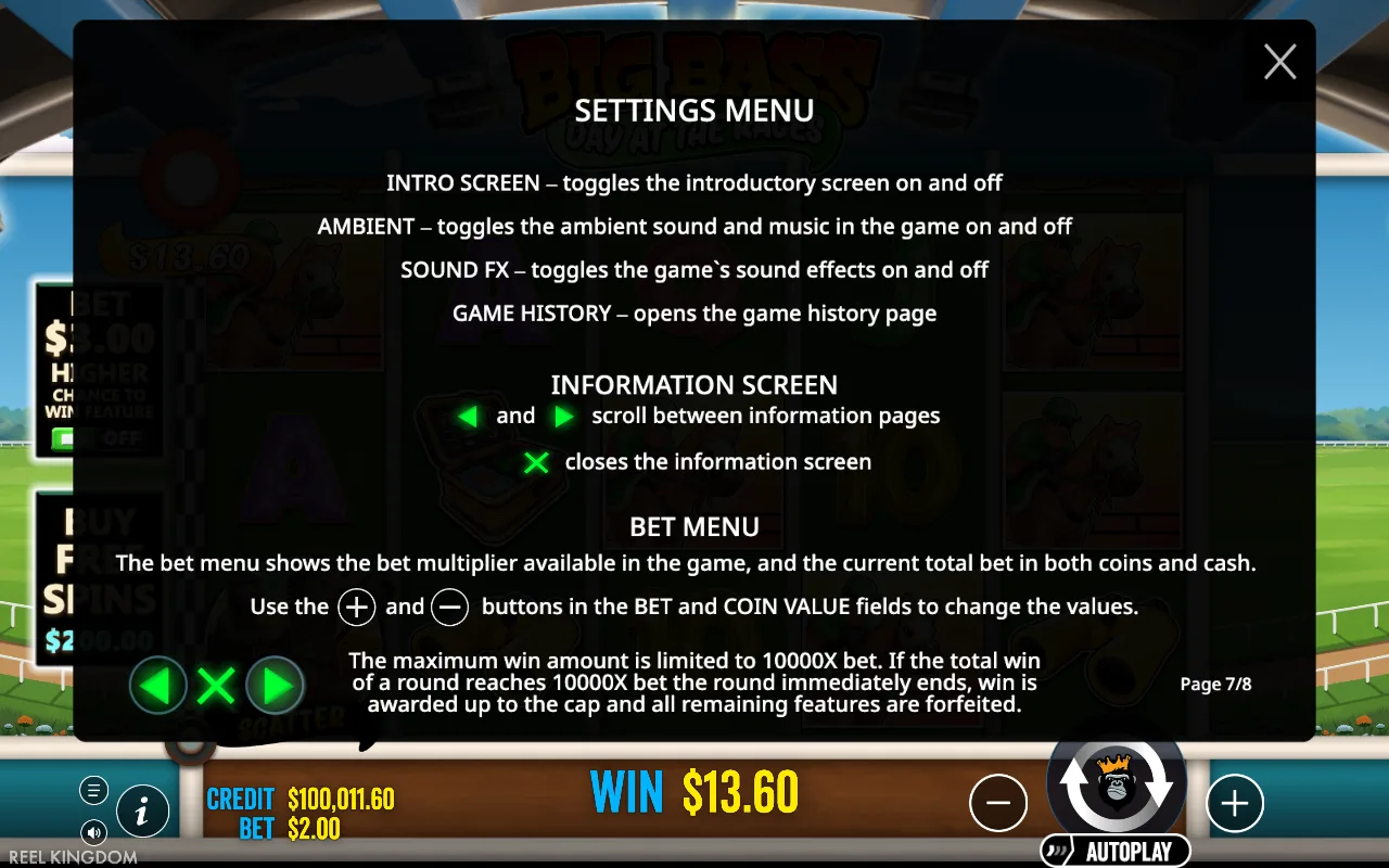 Settings menu — Big Bass Day at the Races