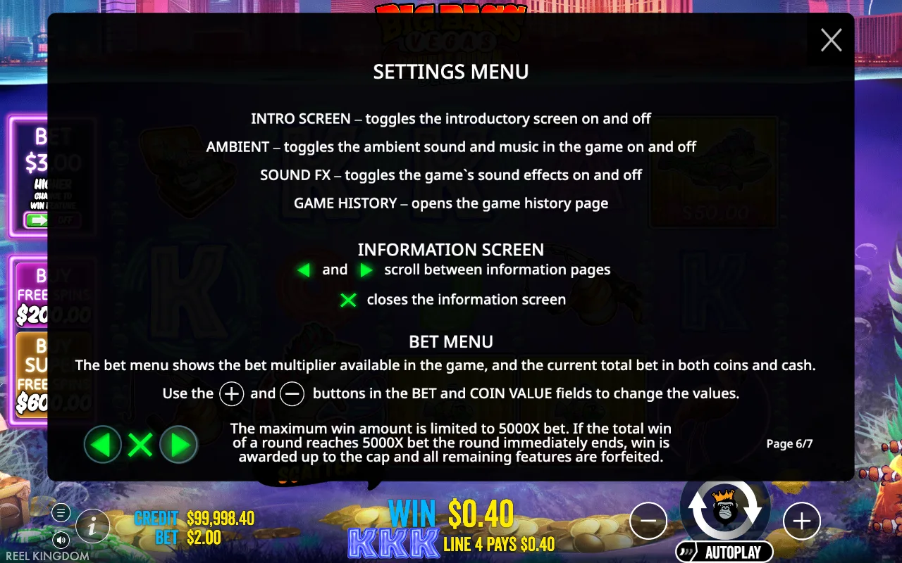 Settings menu — Big Bass Double Down Deluxe