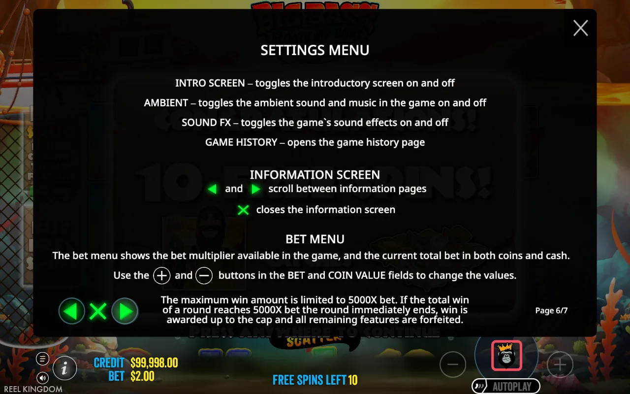 Settings menu — Big Bass Floats My Boat