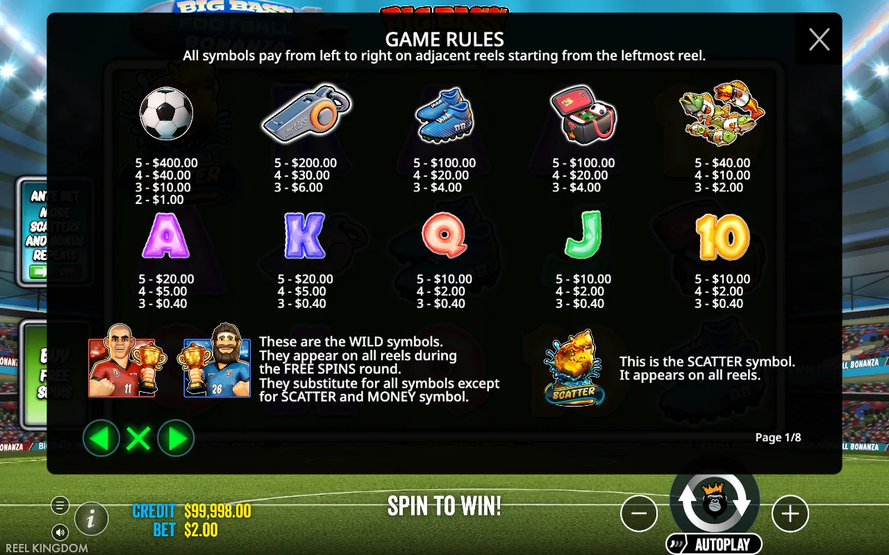 Game rules, page 1 — Big Bass Football Bonanza