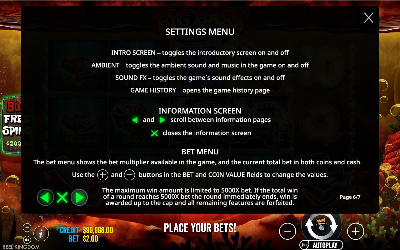 Settings menu — Big Bass Halloween 2