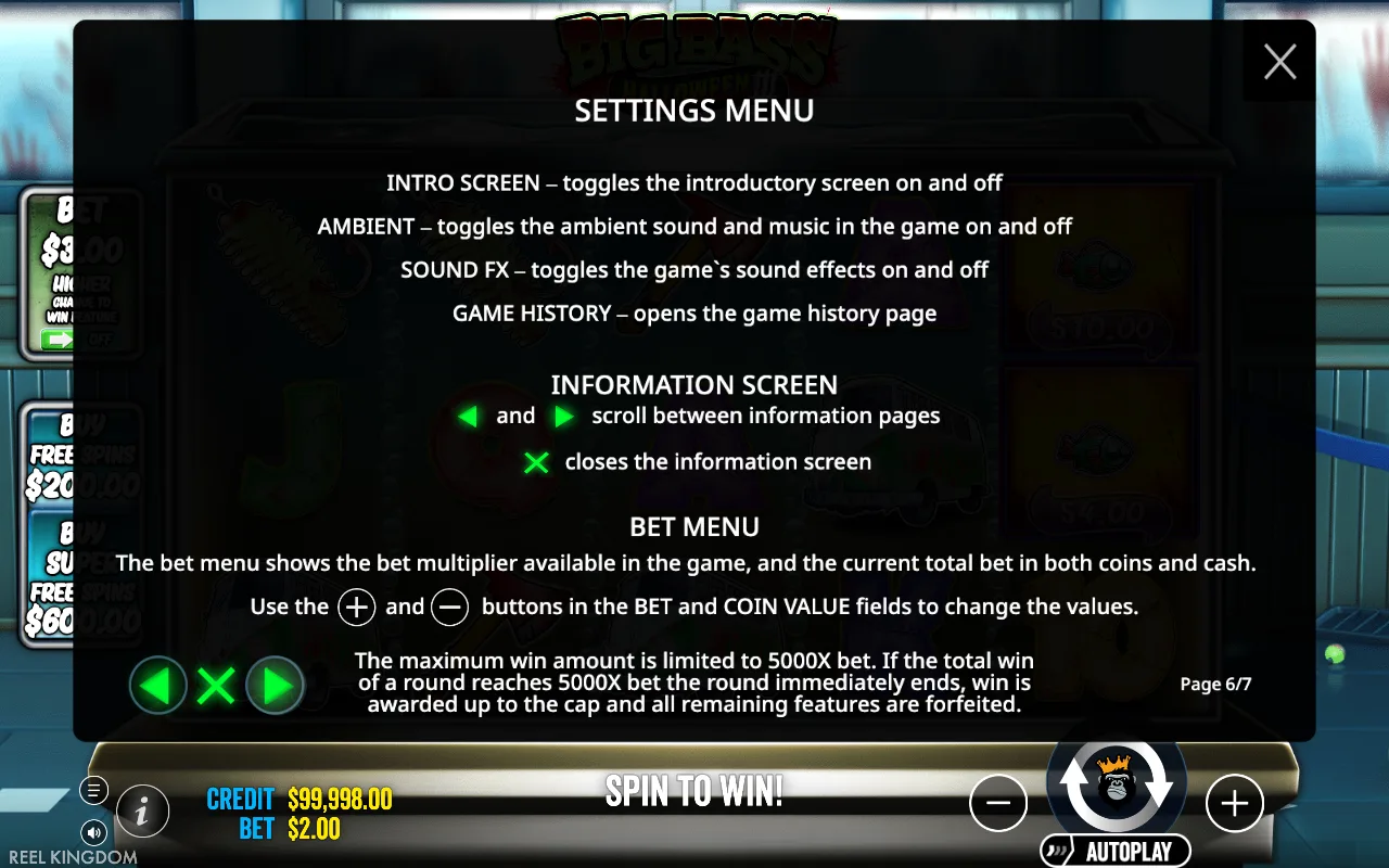 Settings menu — Big Bass Halloween 3