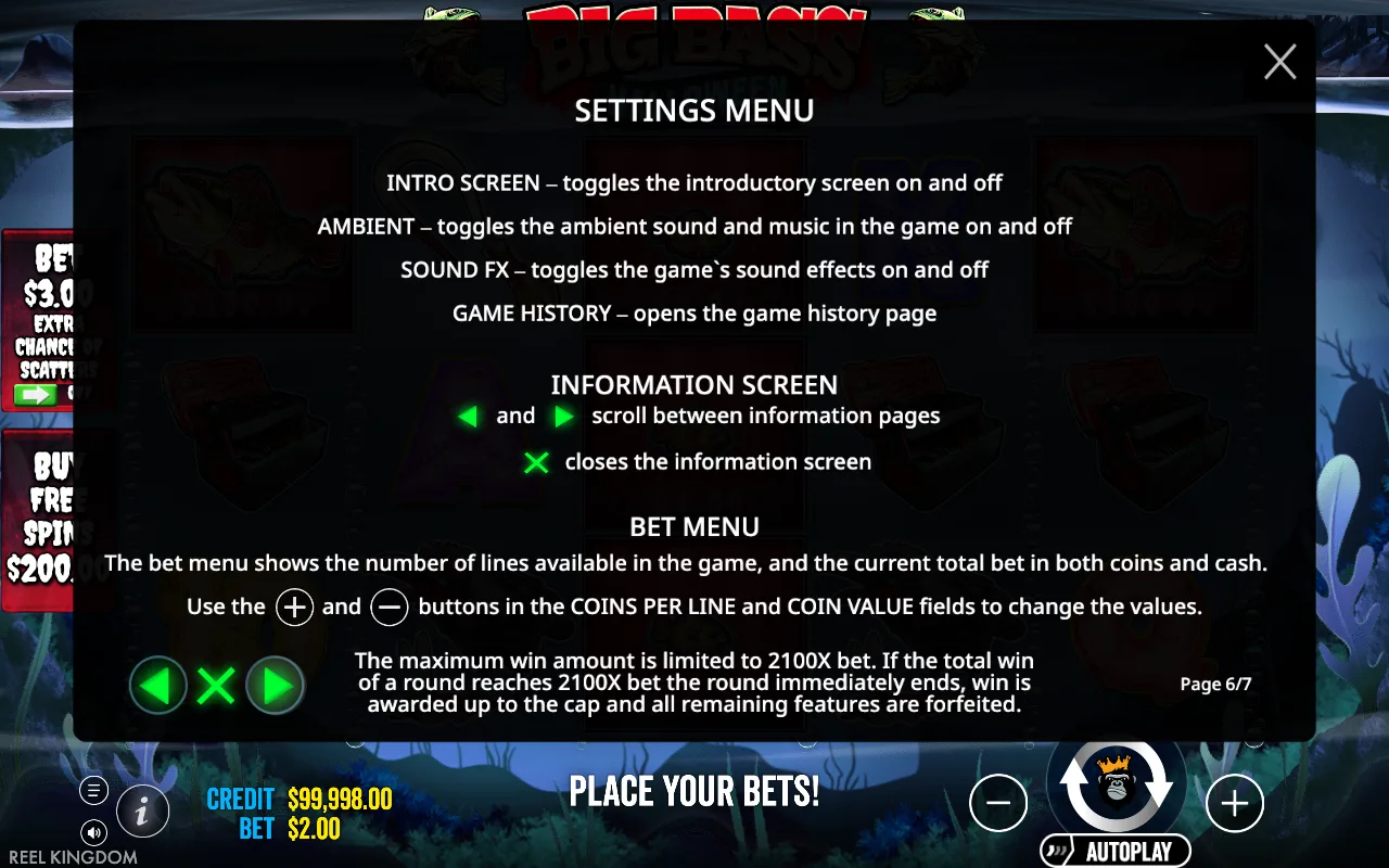 Settings menu — Big Bass Halloween