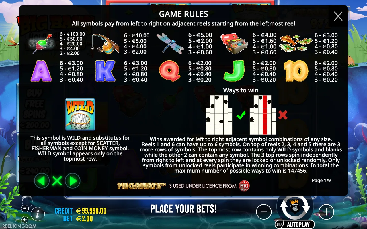 Game rules, page 1 — Big Bass Hold & Spinner Megaways