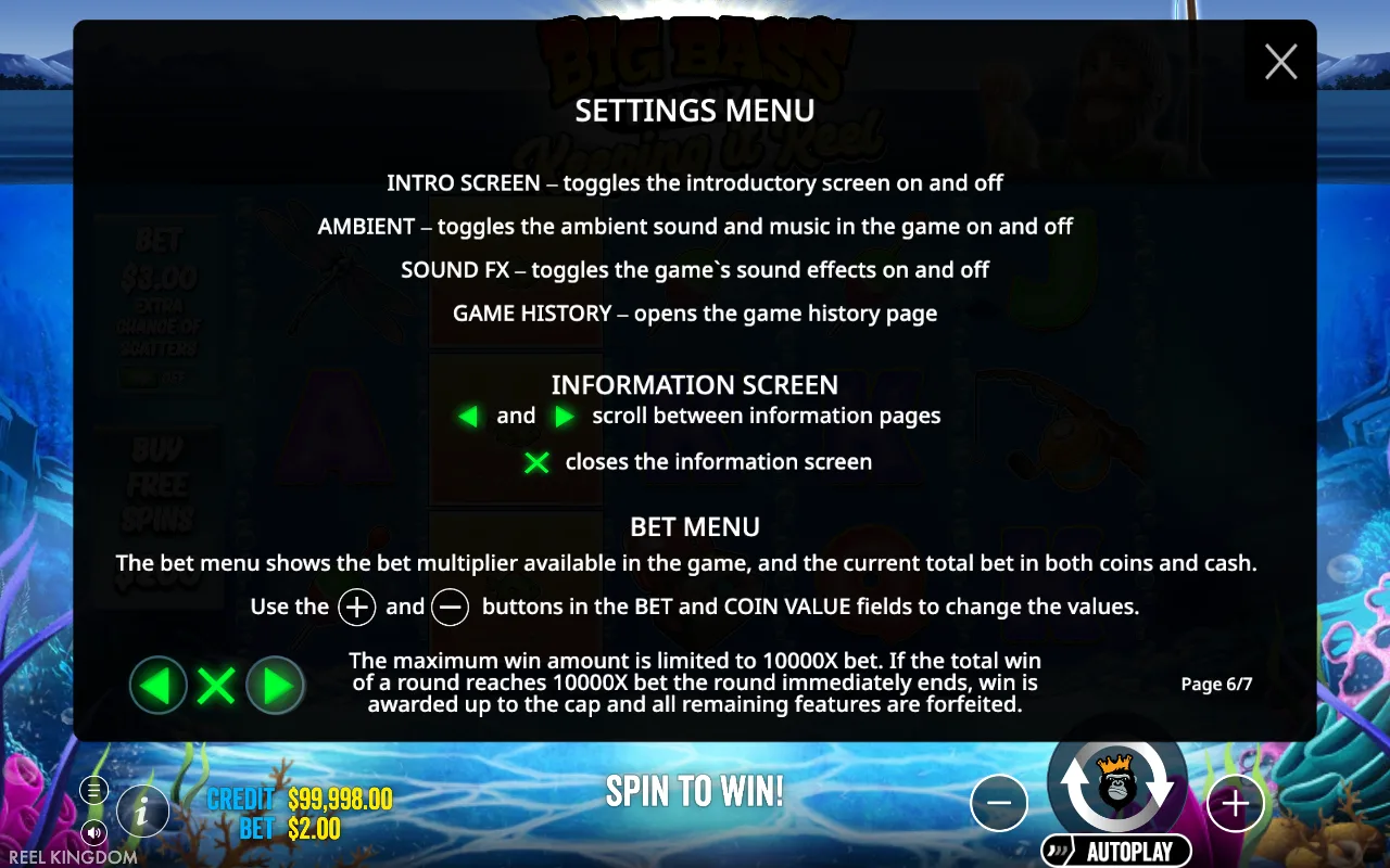 Settings menu — Big Bass — Keeping it Reel