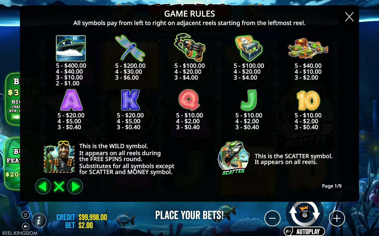 Game rules, page 1 — Big Bass Mission Fishin