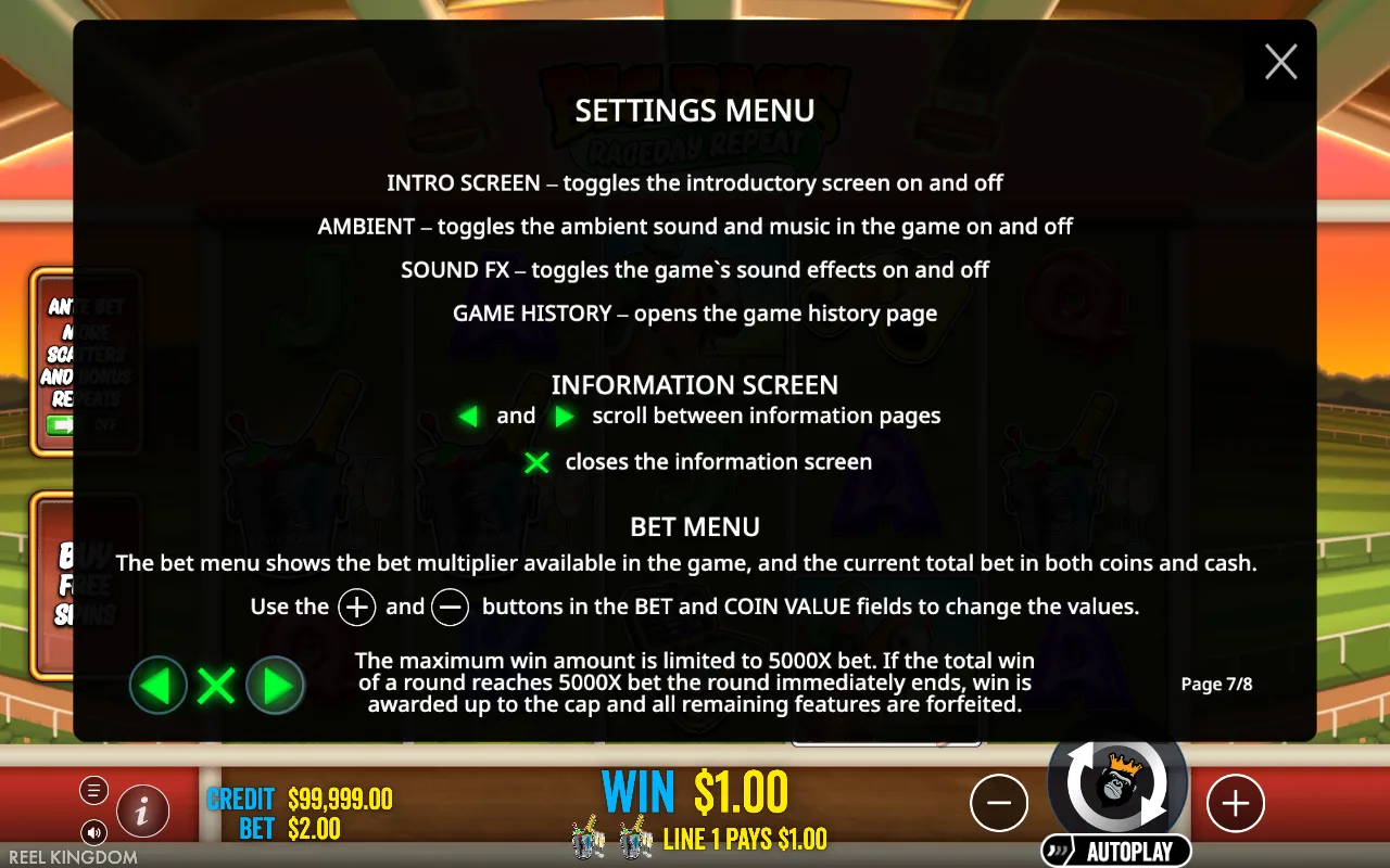 Settings menu — Big Bass Raceday Repeat